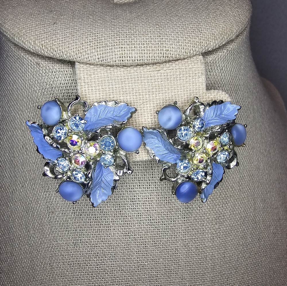 Vintage blue floral clip on earrings with sparkly sequences